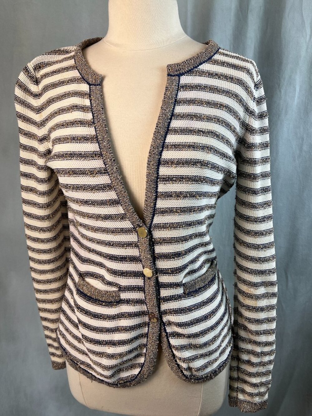 Banana Republic Metallic Navy Gold Ivory  Cotton/Blend Cardigan Sweater Size M